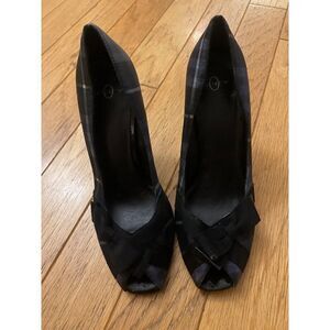 Joey women's dark navy blue plaid peep toe front bow 4" high heels size 7.5M